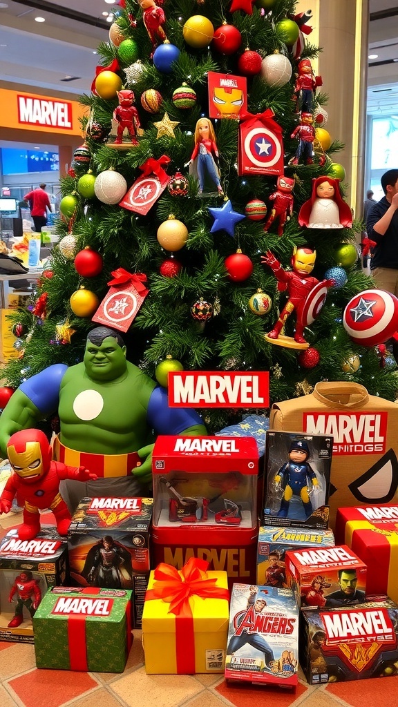 A collection of Marvel-themed Christmas gifts under a tree, featuring action figures and apparel.